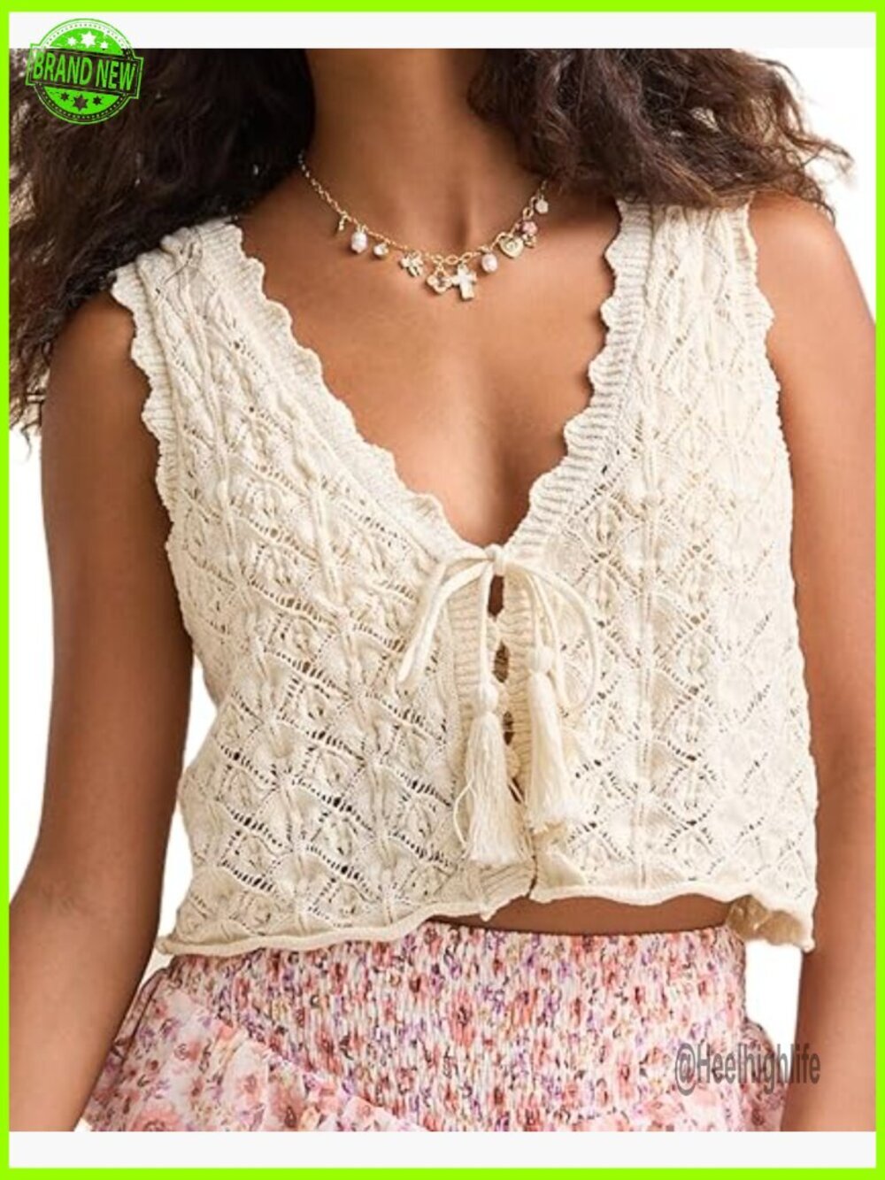 Y2K Crochet Knit Vest Tie Front Tank Top Sleeveless V Neck Crop
